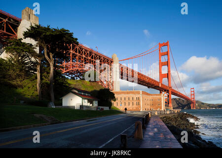 USA, California, San Francisco, The Presidio, Golden Gate National Recreation Area, Golden Gate Bridge from Fort Point, dawn Stock Photo