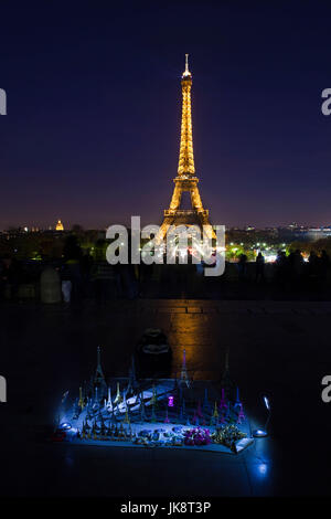 France, Paris, Eiffel Tower, dusk with souvenirs Stock Photo