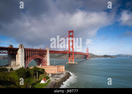 USA, California, San Francisco, Presidio, Golden Gate National Recreation Area, elevated view of Golden Gate Bridge from Fort Point, dawn Stock Photo