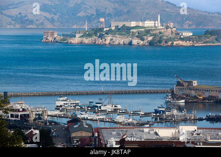 USA, California, San Francisco, Embarcadero, elevated view of Alcatraz Island from Hyde Street Stock Photo