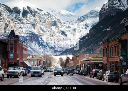 USA, Colorado, Telluride, Main Street and Ajax Peak, winter Stock Photo