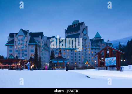 Canada, British Columbia, Whistler, Blackcomb Upper Village, Fairmont Chateau Whistler Resort, dusk Stock Photo