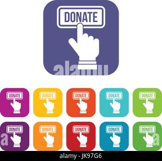 Hand presses button to donate icons set Stock Vector