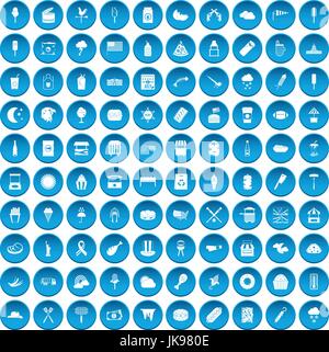 100 street food icons set blue Stock Vector
