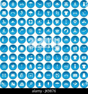 100 summer icons set blue Stock Vector