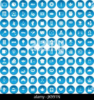 100 tea time food icons set blue Stock Vector