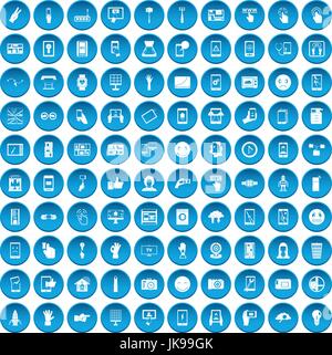 100 touch screen icons set blue Stock Vector