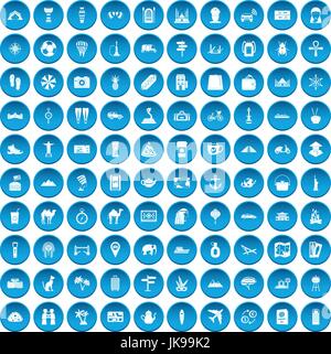 100 tourism icons set blue Stock Vector