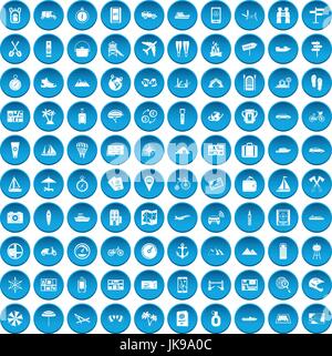 100 travel icons set blue Stock Vector