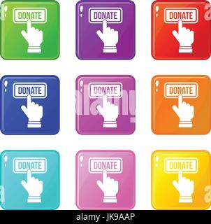 Hand presses button to donate set 9 Stock Vector