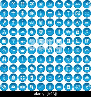 100 vacation icons set blue Stock Vector