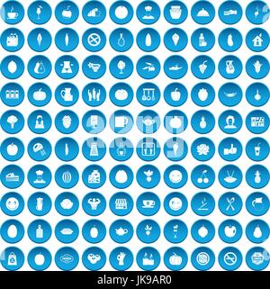100 vegetarian cafe icons set blue Stock Vector
