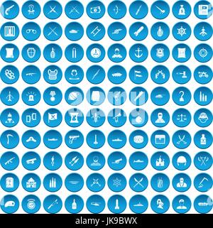 100 weapons icons set blue Stock Vector