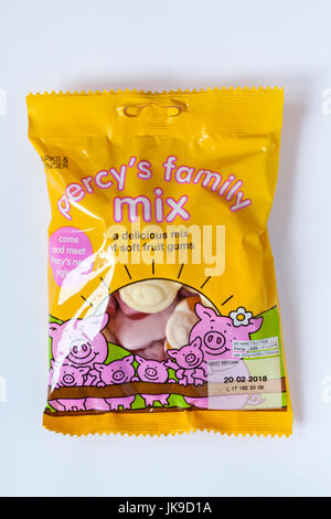 Bag of M&S percy's family mix! percy pig sweets a delicious mix of soft fruit gums isolated on white background Stock Photo