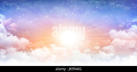 Heavenly sky, sun breaking through white clouds and stars shining behind. Stock Photo