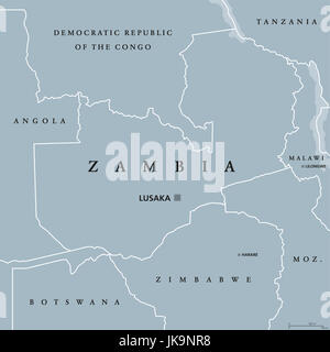 Zambia political map with capital Lusaka, international borders and neighbors. Republic and landlocked country in Southern Africa. Stock Photo