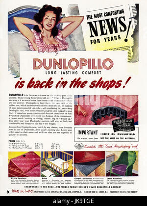 1950s original old vintage advertisement advertising Dunlopillo mattress by Dunlop Rubber Co Ltd in magazine circa 1950 Stock Photo