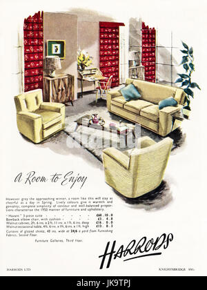 1950s original old vintage advertisement advertising Harrods furniture department of Knightsbridge London England UK in magazine circa 1950 Stock Photo