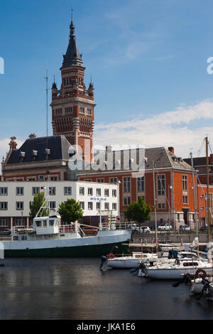 France, Nord-Pas de Calais Region, Nord Department, French Flanders Area, Dunkerque, Bassin du Commerce marina and town hall tower Stock Photo