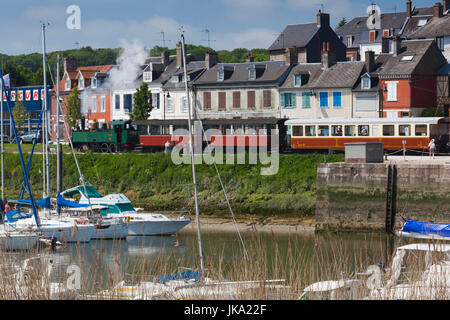 France, Picardy Region, Somme Department, St-Valery sur Somme, Somme Bay Resort town, town view with tourist train Stock Photo