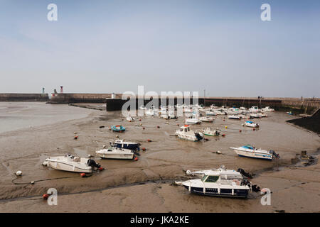 France, Normandy Region, Calvados Department, D-Day Beaches Area, Port en Bessin, elevated view of boats in low tide Stock Photo