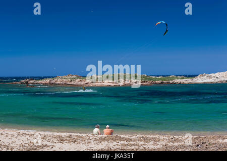 France, Corsica, Corse-du-Sud Department, Corsica South Coast Region, Bonifacio-area, Plage de Tonnara beach, kite surfing Stock Photo