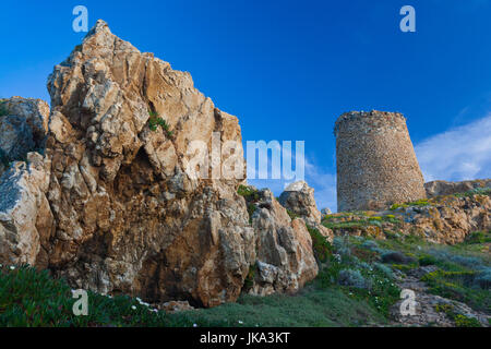 France, Corsica, Haute-Corse Department, La Balagne Region, Ile Rousse, Ile de la Pietra, Genoese tower, dusk Stock Photo