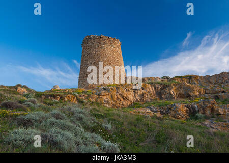 France, Corsica, Haute-Corse Department, La Balagne Region, Ile Rousse, Ile de la Pietra, Genoese tower, dusk Stock Photo