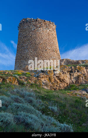 France, Corsica, Haute-Corse Department, La Balagne Region, Ile Rousse, Ile de la Pietra, Genoese tower, dusk Stock Photo