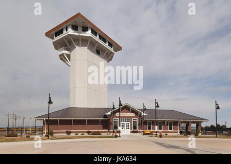 USA, Nebraska, North Platte, Bailey Yards, World's Largest train yard, Golden Spike Observation Tower Stock Photo