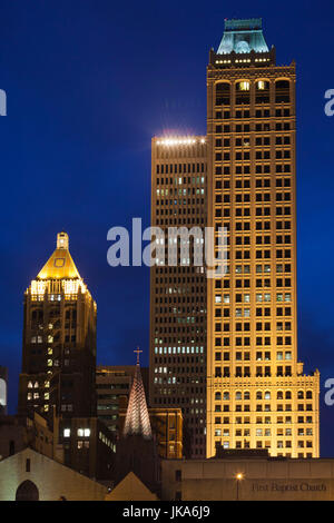 USA, Oklahoma, Tulsa, old and new high rise buildings, Art-Deco district, dusk Stock Photo