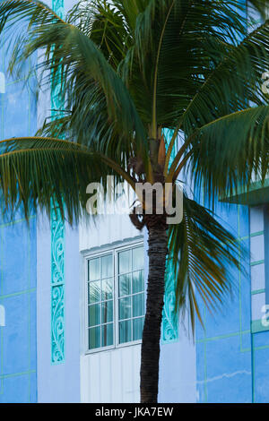 USA, Florida, Miami Beach, South Beach hotels on Ocean Drive, art-deco wall with palm tree Stock Photo