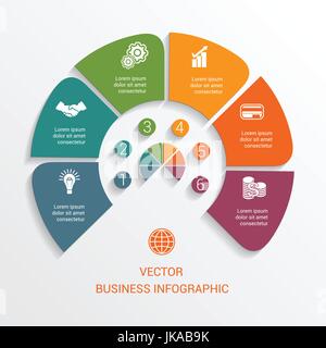 Template semicircle infographics numbered for 6 options. Vector illustration can be used as chart, diagram, graph,  workflow, business presentation Stock Vector