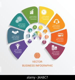 Template semicircle infographics numbered for 8 options. Vector illustration can be used as chart, diagram, graph,  workflow, business presentation Stock Vector