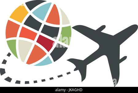 A plane flying around a colorful earth globe like to go around the world Stock Vector
