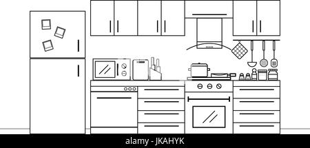 Kitchen interior design in black and white color with furniture and lots of kitchen utensils Stock Vector