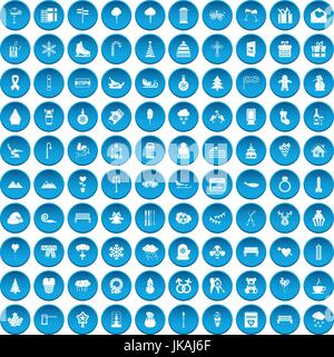 100 winter holidays icons set blue Stock Vector