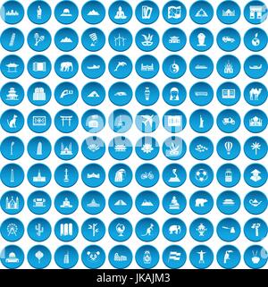 100 world tour icons set blue Stock Vector