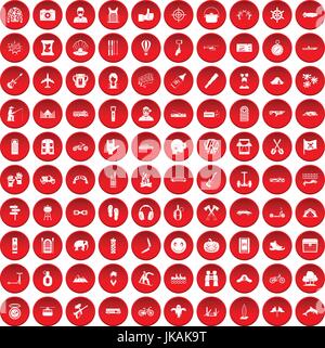 100 adventure icons set red Stock Vector