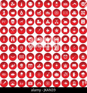 100 autumn holidays icons set red Stock Vector