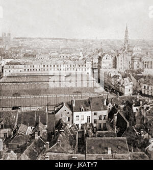 Aerial view over Brussels about 1880, Belgium, with large market hall in centre, now demolished Stock Photo