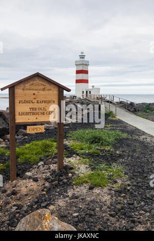 The old Lighthouse at the tip of the Reykjanes Peninsula near Gardur in Iceland now converted to a coffee shop Stock Photo