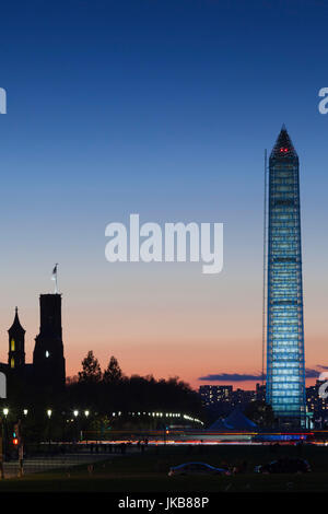USA, Washington DC, National Mall, Smithsonian Castle and Washington Monument, dusk Stock Photo