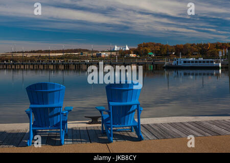 USA, Maryland, Fort Washington, National Harbor, blue chairs Stock Photo