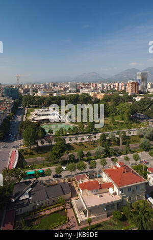 Albania, Tirana, elevated overview of Rinia Park and Taiwan Restaurant complex and Regency Casino Stock Photo