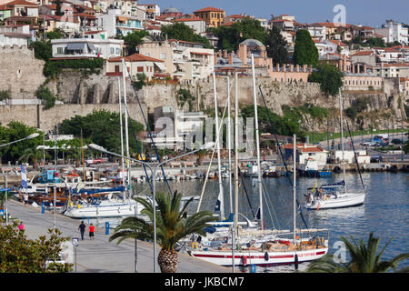 Greece, East Macedonia and Thrace Region, Kavala, elevated view of Old Town and port, late afternoon Stock Photo