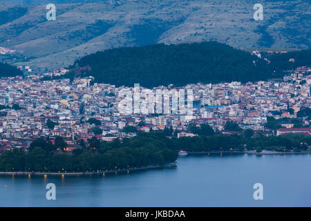 Greece, Epirus Region, Ioannina, elevated city view and Lake Pamvotis, dawn Stock Photo