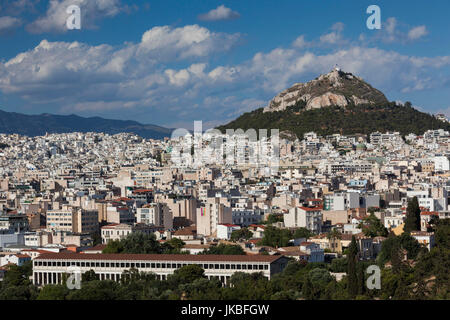 Greece, Central Greece Region, Athens, elevated city view, Ancient Agora, Stoa of Attalos, and Lycabbettus Hill from Pnyx Hill Stock Photo
