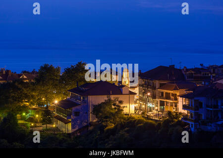 Greece, Central Macedonia Region, Litohoro, elevated town view, dawn Stock Photo