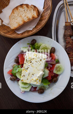 Greece, Peloponese Region, Corinth, Greek Salad and Souvlaki Stock Photo